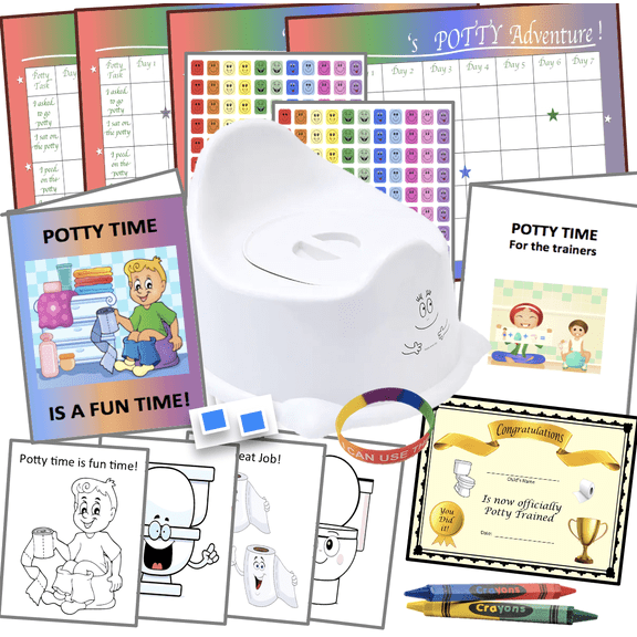 Ultimate Potty Training Kit-White Potty Seat with lid (6wks) 325 Pieces- 4 Charts, 308 Stickers, Certificate, Bracelet, 4 Color Sheets, 2 Crayons (4 Color) Wall Putty- 18 mos-4 yrs, Bundle Board