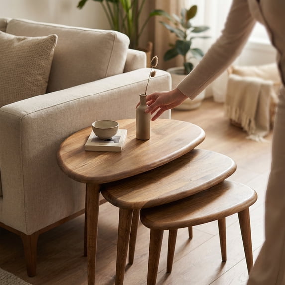 Ultimate Premium Products Solid Nesting Table Set of 3- Walnut Mid Century Pebble Tables with Tapered Legs – Wooden Home Furniture in a Retro Style
