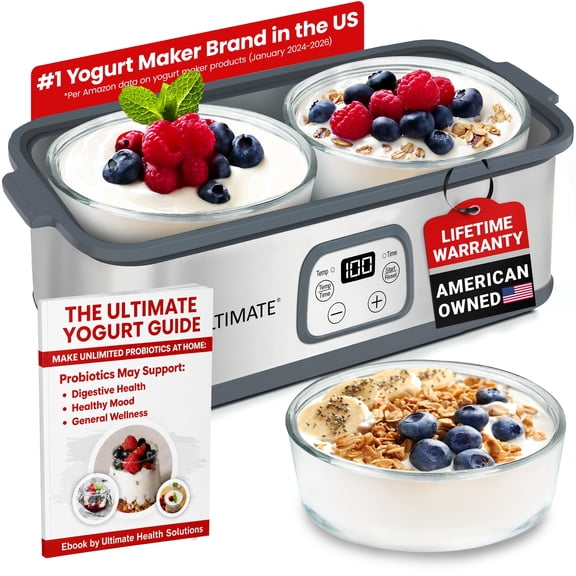 Ultimate Probiotic Yogurt Maker, Adjustable Temperature Control, 2 One-Quart Glass Containers, Bpa-Free, 48-Hour Timer