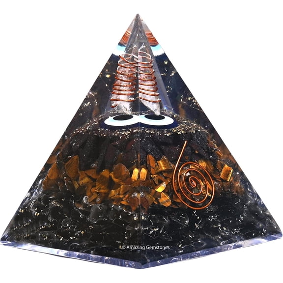 Ultimate Protection Pyramid with Evil Eye, Hematite, Tiger Eye,Black Obsidian Crystals & Healing Stone (Large 95MM)
