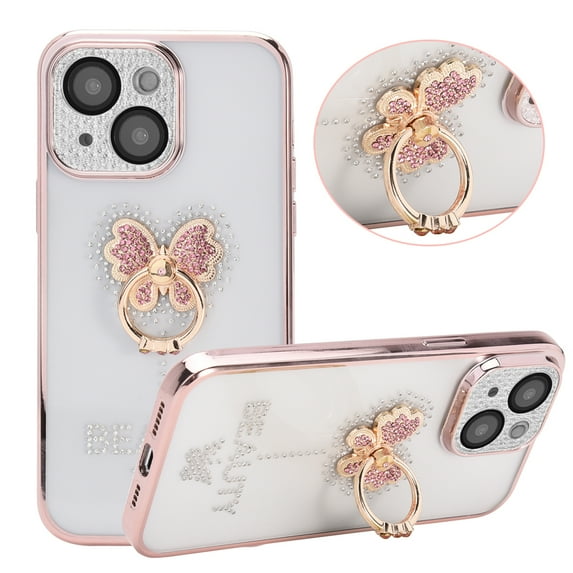 Ultimate Protection Slim Clear Back Cover Electroplated Bumper Frame for iPhone 14 6.1 inch, Rhinestone Butterfly Ring Stand & Camera Shell with Lens Film
