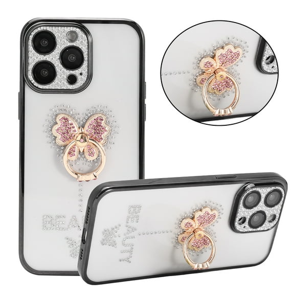 Ultimate Protection Slim Clear Back Cover Electroplated Bumper Frame for iPhone 14 Pro Max, Rhinestone Butterfly Ring Stand & Camera Shell with Lens Film
