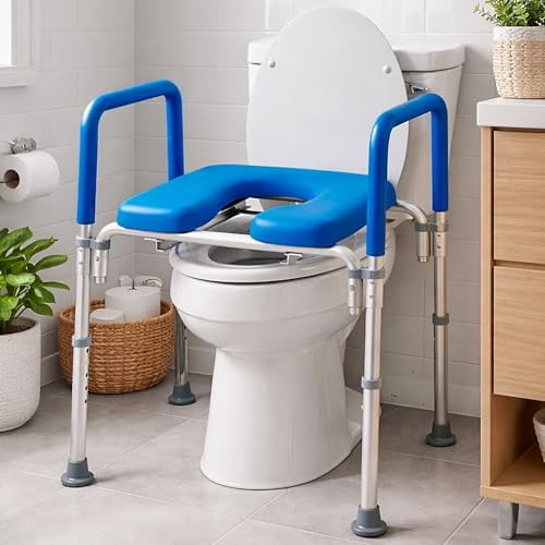 Ultimate Raised Toilet Seat with Handles, Bedside Commode, Padded Armrests, Adjustable Height, Premium Elevated Toilet Seat for Elderly Bathroom Safety with Arms, Standard and Elongated Toilets, Blue