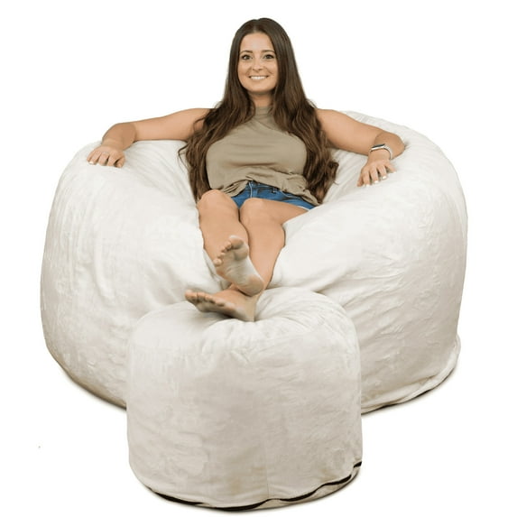 Ultimate Sack 5000 5-Foot Bean Bag Chair with Footstool Set, Ivory Fur Cover