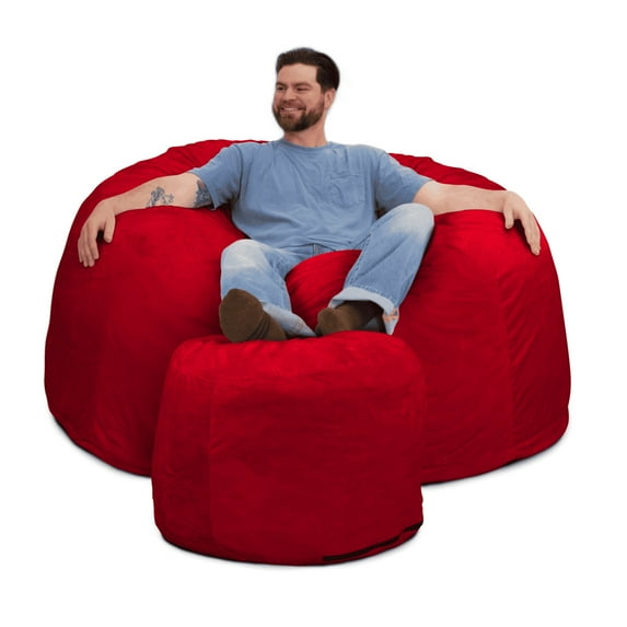 Ultimate Sack 5000 5-Foot Bean Bag Chair with Footstool Set, Red Fur Cover