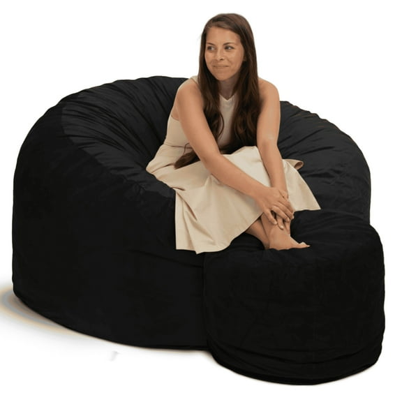 Ultimate Sack 5000 5-Foot Bean Bag Chair with Footstool Set, Black Suede Cover