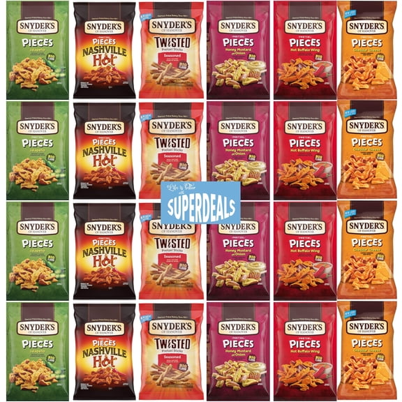 Ultimate Snyders Bundle Package, Value Pack Bundled by SUPERDEALS, Pack of 24 with mystery gift 4 Cheddar Cheese, 4 Hot Buffalo Wing, 4 Jalapeno, 4 Honey Mustard, 4 Nashville Hot, 4 Twisted Sticks.