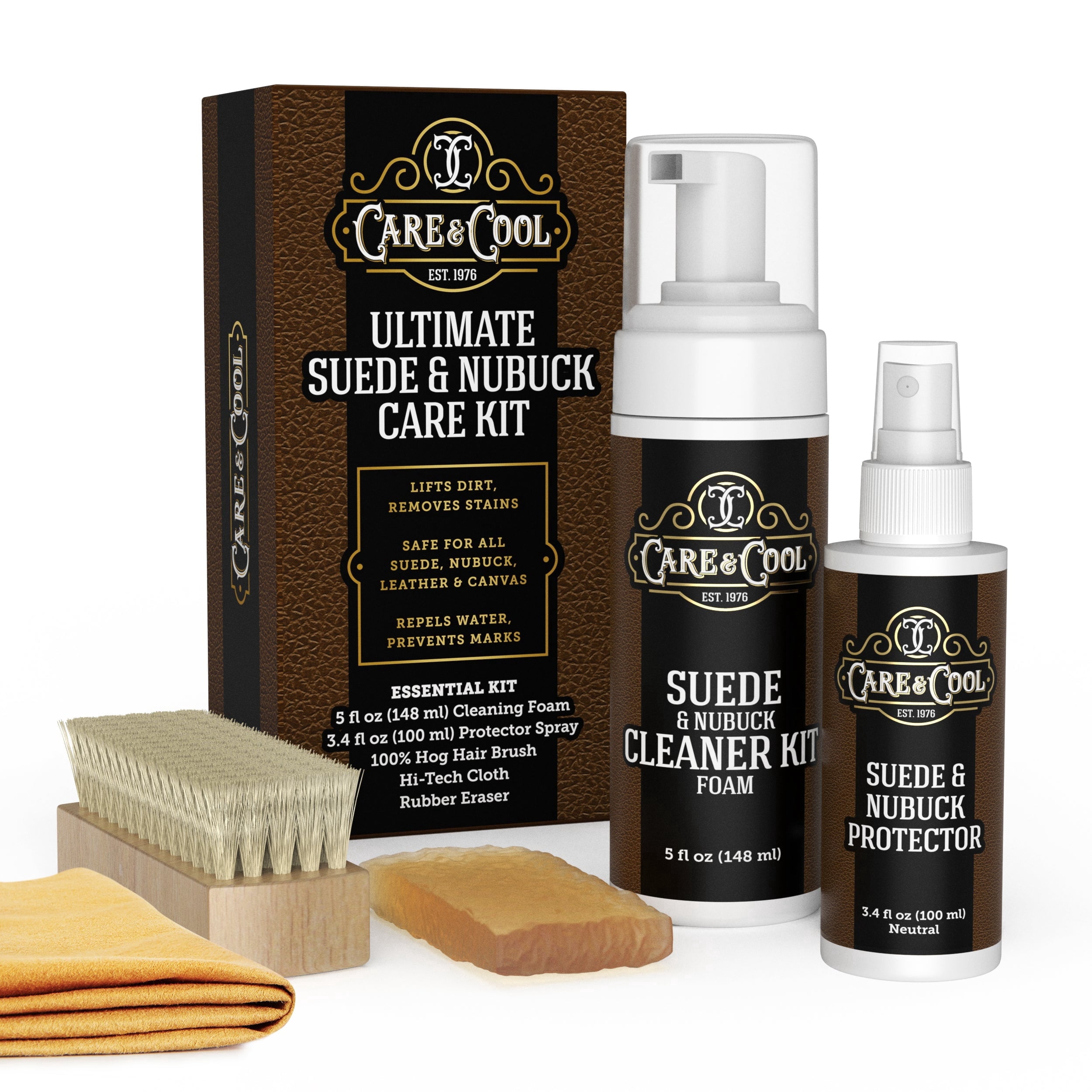 Care & Cool Ultimate Suede & Nubuck Care Kit: Helps Clean, Restore & Protect Against Water & Stains. The Complete 6-Piece System to Keep Your Favorite Shoes, Boots, Bags & Jackets Looking Fresh.