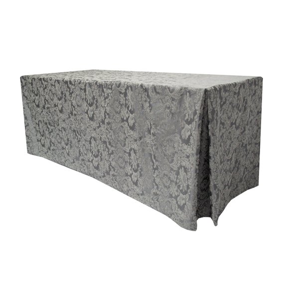 Ultimate Textile (3 Pack) Miranda 8 ft. Damask Fitted Tablecloth - for 30 x 96-Inch Banquet and Folding Rectangular Tables - 42"H, Pewter Grey
