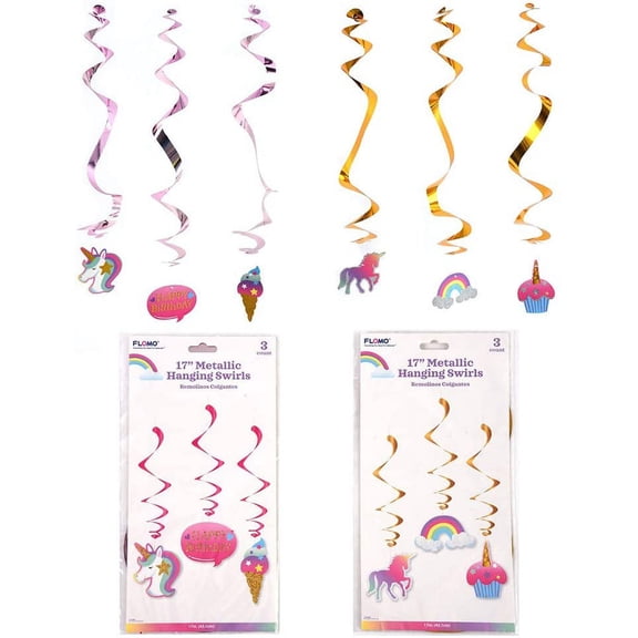 Ultimate Unicorn Party Supplies Set & Tableware Kit | Birthday Decorations, Games, Disposable Paper Plates, Cups, Napkins, Stickers, Treat Bags, and More! (Metallic Hanging Swirls; 6-Count)