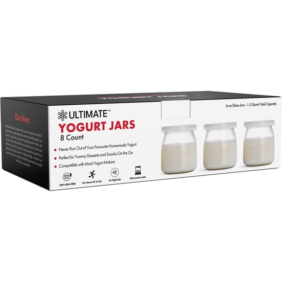 Ultimate Yogurt Jars - Make More Delicious Yogurt! 8 Count Small Glass Yogurt Cups With Lids - 100% BPA Free, Airtight & Dishwasher Safe! Perfect Containers for Yoghurt, Oatmeal, Pudding, or Jello