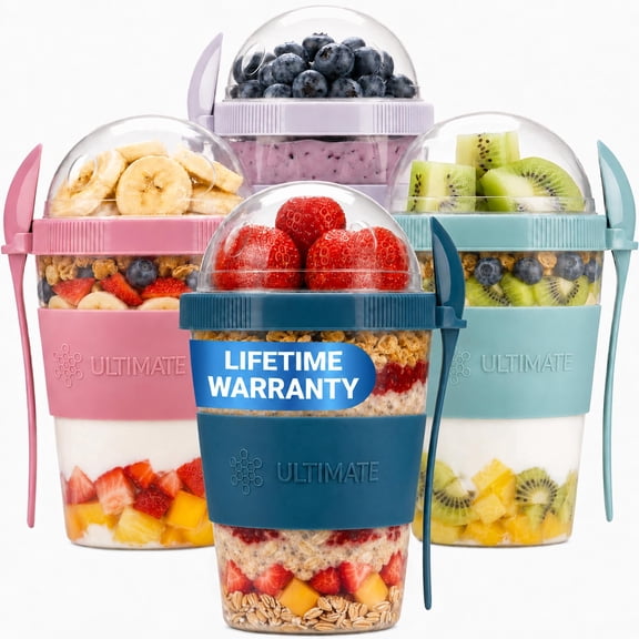 Ultimate Yogurt Parfait Cups with Lids and Spoon, 4 Pack, 20 oz (16+4) Overnight Oats Container with Topping Compartment, Bpa-Free