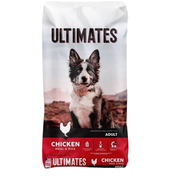 Ultimates Chicken Meal and Rice Dry Dog Food, 28 lb bag for adult dogs, white packaging