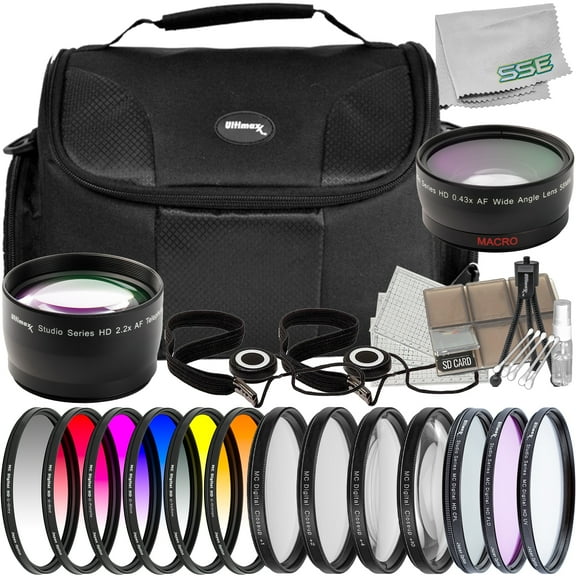 Ultimaxx 49mm Complete Filter Accessory Bundle - Includes: 0.43x Wide-Angle & 2.2x Telephoto Zoom Lens Attachments, 6PC Gradual Color Filter Kit & Much More (23pc Bundle)