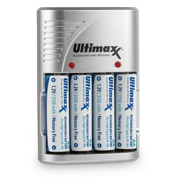 Ultimaxx 4x Rechargeable 3150mAh Ultra High Capacity AA NiMH Batteries with Charger