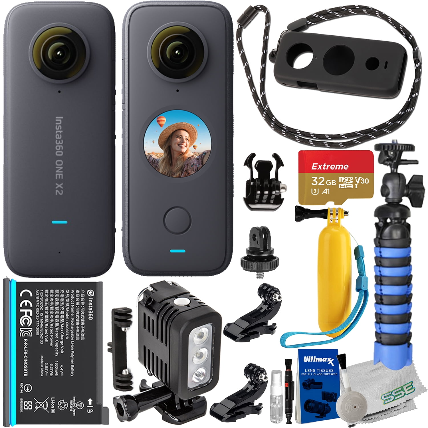Ultimaxx Advanced Action Insta360 ONE X2 Bundle - Includes: 64GB Extreme MicroSD Card, Underwater LED Light, & Much More