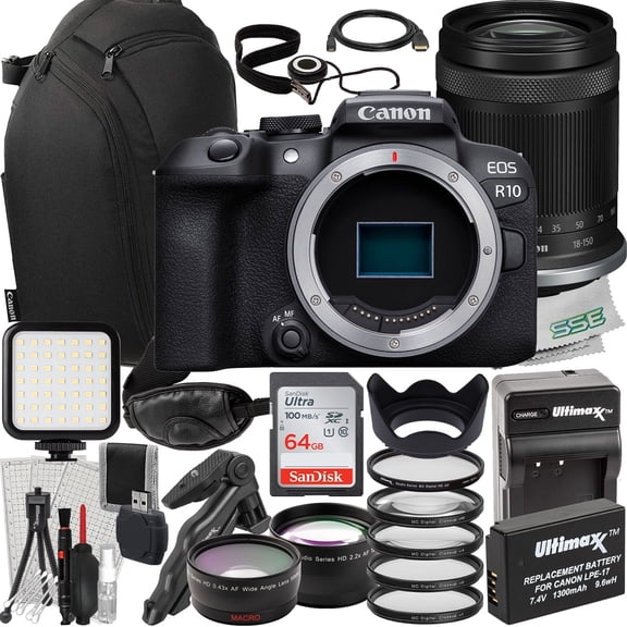 Ultimaxx Advanced Bundle + Canon EOS R10 Mirrorless Camera with 18-150mm Lens International Model + Canon 100s Sling Camera Backpack, SanDisk 64GB Ultra SDXC, & Much More (37pc Bundle)