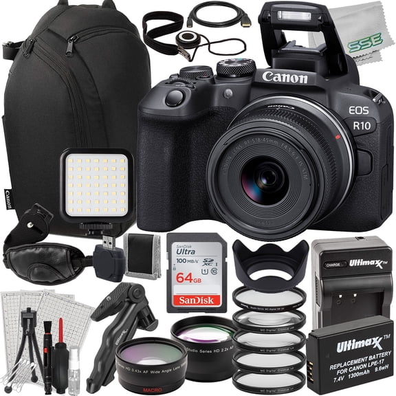 Ultimaxx Advanced Bundle + Canon EOS R10 Mirrorless Camera with 18-45mm Lens (International Model) + Canon 100s Sling Camera Backpack, SanDisk 64GB Ultra SDXC, 4PC Filter Kit & More (37pc Bundle)