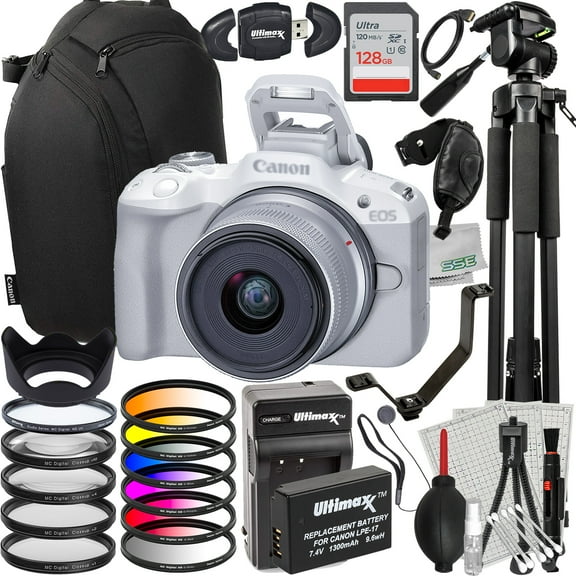 Ultimaxx Advanced Canon EOS R50 Mirrorless Camera w/ 18-45mm Lens Bundle (White) - Includes: 128GB Ultra SDXC, Spare Battery, Protective UV Filter & Much More (37pc Bundle)