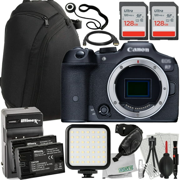 Ultimaxx Advanced Canon R7 Mirrorless Camera Bundle (Body Only) - Includes: 2x 128GB Ultra Memory Cards, 2x Replacement Batteries, Ultra-Bright LED Light Kit & More (24pc Bundle)