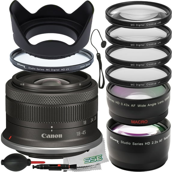Ultimaxx Advanced Canon RF-S 18-45mm f/4.5-6.3 Lens (International Model) Bundle - Includes: 0.43x Wide-Angle Lens Attachment with Detachable Macro, Protective UV Filter & More (15pc Bundle)