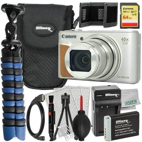 Ultimaxx Advanced Canon SX740 HS Digital Camera Bundle (Silver) - Includes: 64GB Extreme SDXC, Replacement Battery & Much More (18pc Bundle)