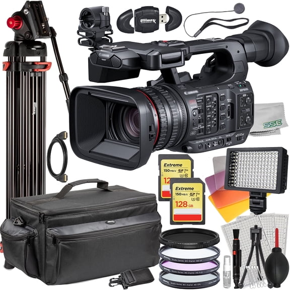 Ultimaxx Advanced Canon XF605 UHD 4K HDR Pro Camcorder International Model - Includes: 2x 128GB Extreme Memory Cards, Ultra-Bright LED Video Light & Much More (25pc Bundle)