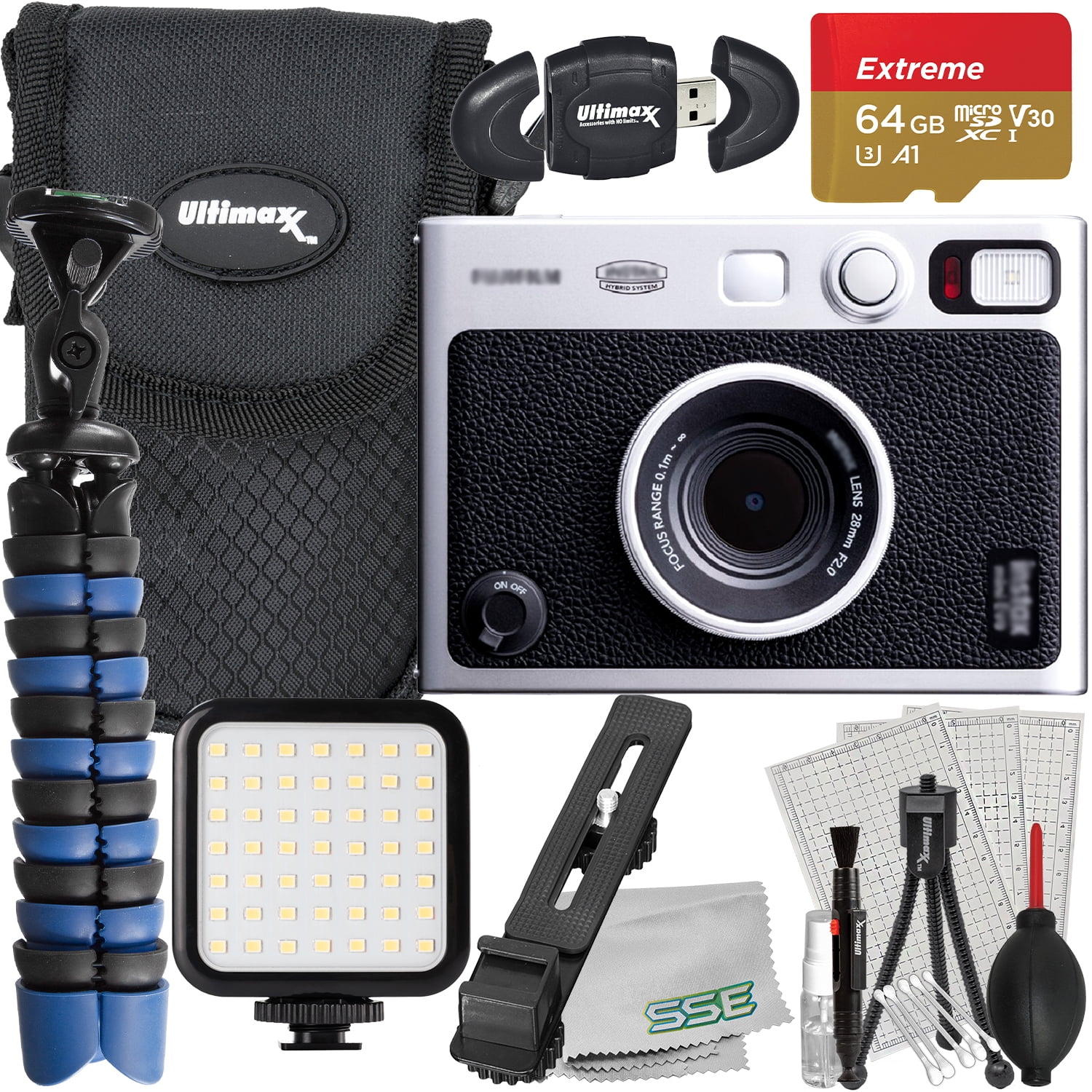 Ultimaxx Advanced FUJIFILM INSTAX MINI EVO Hybrid Instant Camera Bundle (Black) - Includes: 64GB Extreme microSD Memory Card, LED Light Kit & Much More (15pc Bundle)