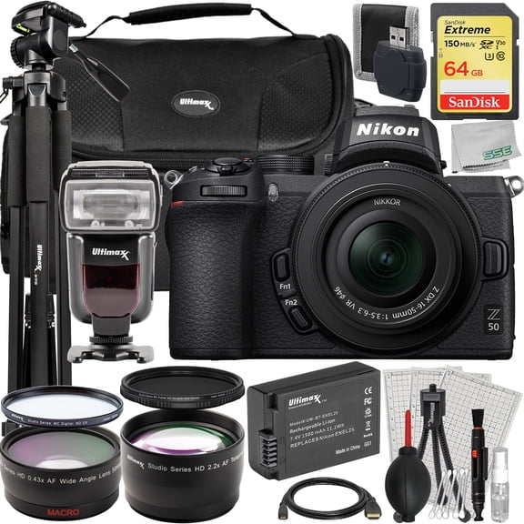 Ultimaxx Advanced Nikon Z50 Camera with 16-50mm Lens Bundle - Includes: 64GB Extreme Memory Card, Universal Speedlite & Much More (27pc Bundle)
