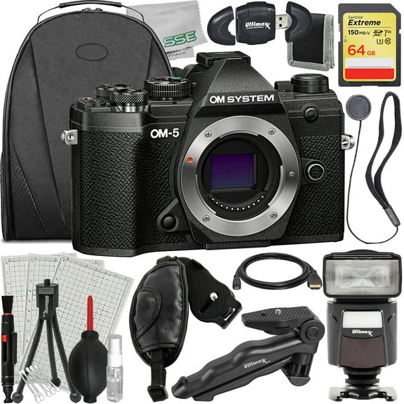 Ultimaxx Advanced OM System OM-5 Mirrorless Camera (Black - Body Only) Bundle - Includes: 64GB Extreme Memory Card, Universal Speedlite with LED Video Light & Much More (21pc Bundle)