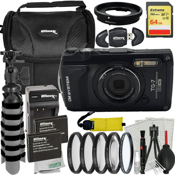 Ultimaxx Advanced OM SYSTEM Tough TG-7 Digital Camera Bundle (Black) - Includes: 64GB Extreme Memory Card, 2x Replacement Batteries & More (25pc Bundle)