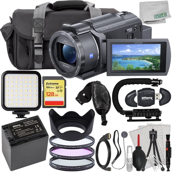 Ultimaxx Advanced Sony FDR-AX43A UHD 4K Handycam Camcorder Bundle - Includes: 128GB Extreme SDXC, Spare Battery, Water-Resistant Gadget Bag & Much More (26pc Bundle) (International Model)