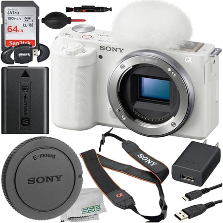 Ultimaxx Basic Bundle + Sony ZV-E10 Mirrorless Camera (International Model) (Body Only, White) + SanDisk 64GB Ultra Memory Card, High Speed Memory Card Reader, Dust Blower & More (13pc Bundle)