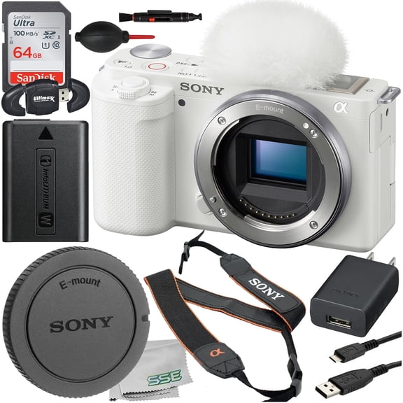 Ultimaxx Basic Bundle + Sony ZV-E10 Mirrorless Camera (International Model) (Body Only, White) + SanDisk 64GB Ultra Memory Card, High Speed Memory Card Reader, Dust Blower & More (13pc Bundle)