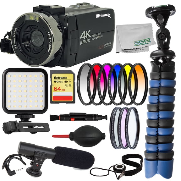 Ultimaxx Deluxe 4K Amateur Digital Camcorder Bundle - Includes: 64GB Extreme Memory Card, Mini Condenser Microphone & More (23pc Bundle)