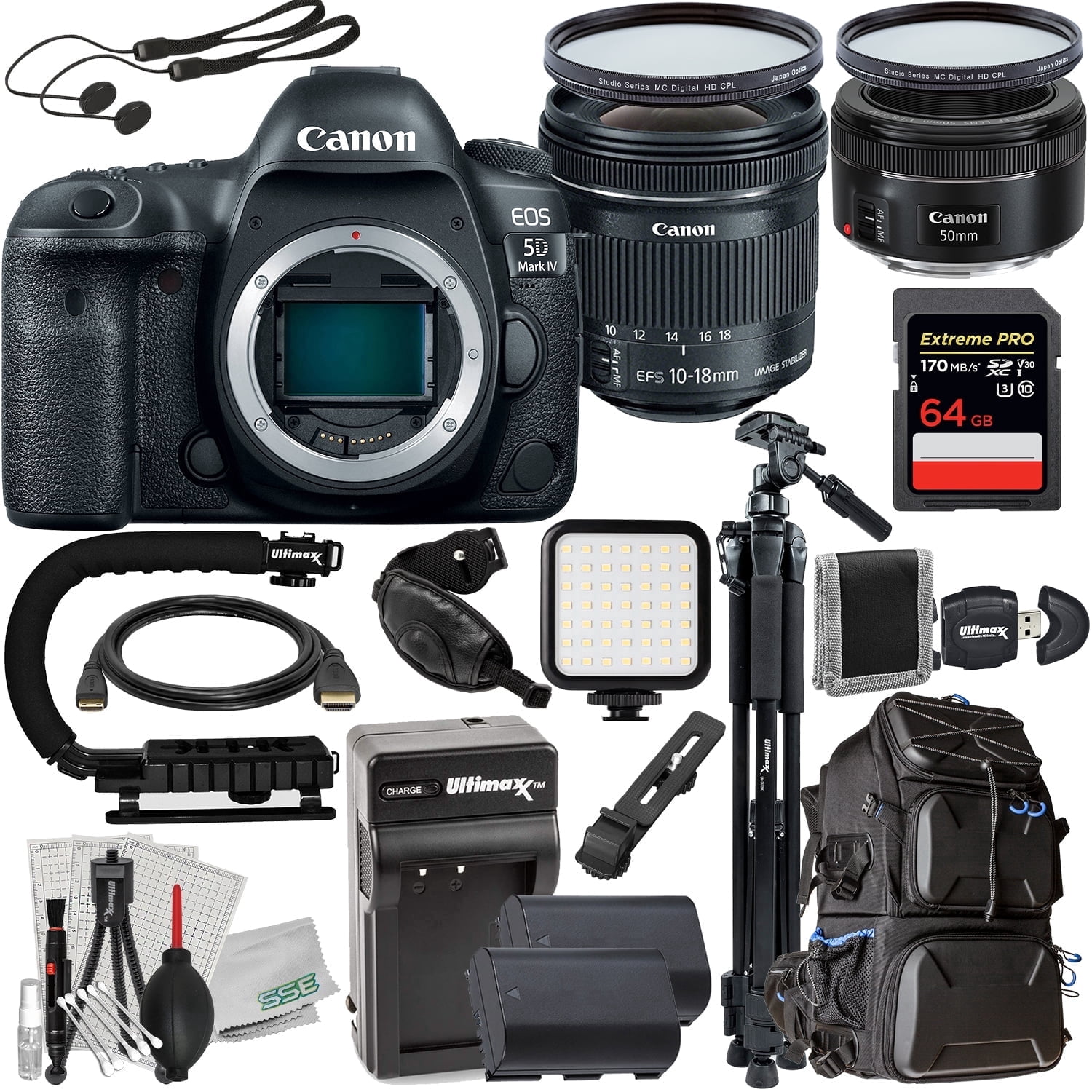 Ultimaxx Deluxe Canon 5D Mark IV DSLR Camera (International Model) with EF 50mm & 10-18mm Lenses Bundle - Includes: 64GB Extreme Pro Memory Card, 2x Spare Batteries & Much More (36pc Bundle)