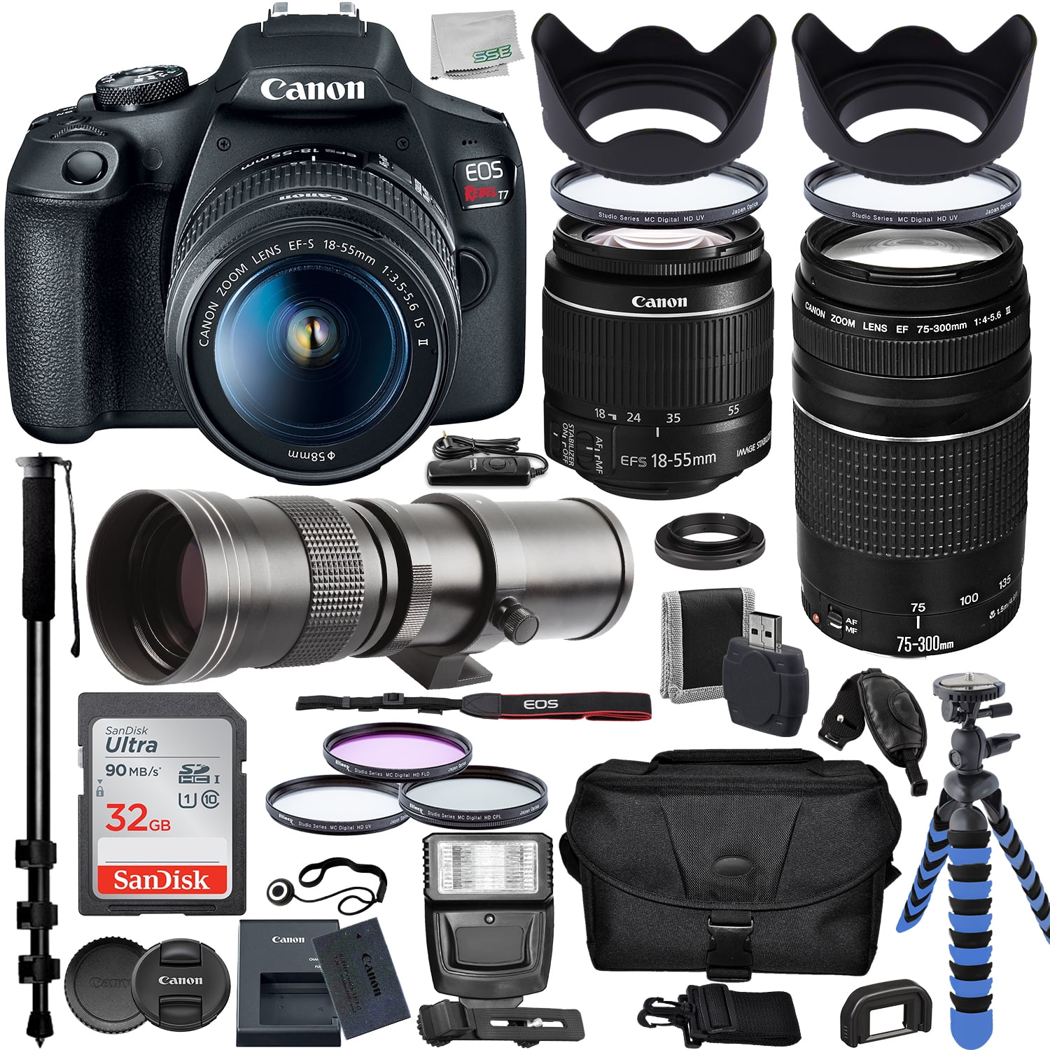Ultimaxx Deluxe Canon Rebel T7 DSLR Camera with 18-55mm IS II, 75-300mm III, 420-800mm Telephoto Zoom Lens Bundle: 32GB Ultra Memory Card, Water-Resistant Gadget Bag & Much More (31pc Bundle)