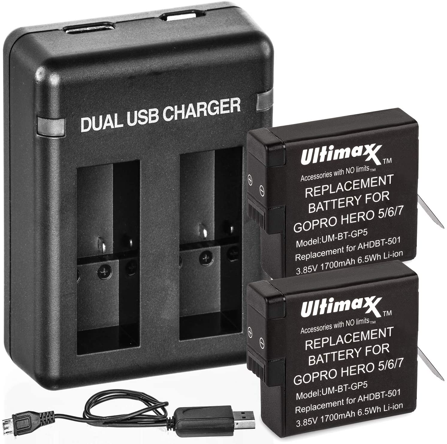 Ultimaxx Dual USB Battery Charger for GoPro Hero 5, 6, 7, 8 Batteries with 2X Extended Life Replacement Batteries (1700mAh / 3.85V / 6.5Wh) for Use with GoPro HERO5, HERO6, HERO7 & HERO8 Action Cams - image 1 of 7