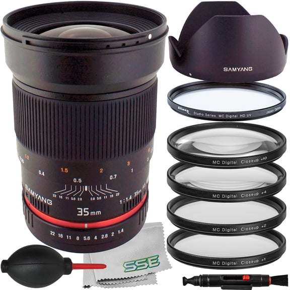 Ultimaxx Essential 35mm f/1.4 AS UMC Lens Bundle (Pentax K-Mount) - Includes: 4PC Macro Close-Up Filter Kit (+1, +2, +4, +10 Diopter), Protective UV Filter & More (13pc Bundle)