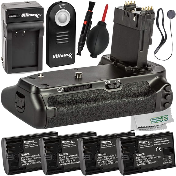 Ultimaxx Essential Battery Grip Bundle (Compatible with Canon 6D Mark II) - Includes: Ultimaxx Battery Grip, 4x Replacement Batteries (2700 mAh) & More (11pc Bundle)