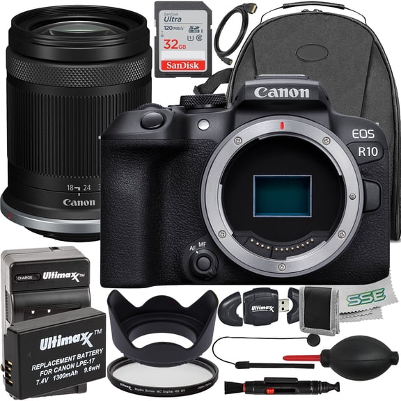 Ultimaxx Essential Bundle + Canon EOS R10 Mirrorless Camera with 18-150mm Lens + SanDisk 32GB Ultra Memory Card, Tulip Lens Hood, Extended Life Battery & More (24pc Bundle)
