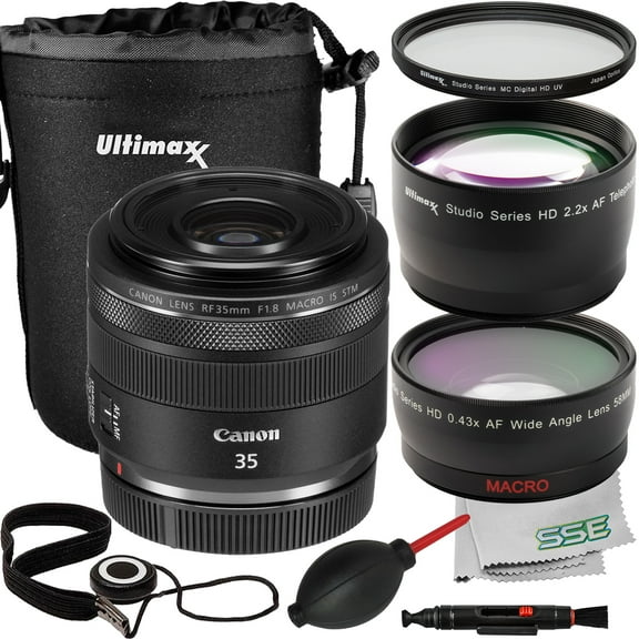 Ultimaxx Essential Bundle + Canon RF 35mm f/1.8 IS Macro STM Lens + 0.43x Wide-Angle Lens Attachment with Detachable Macro, Multi-Coated UV Filter & More (11pc Bundle)