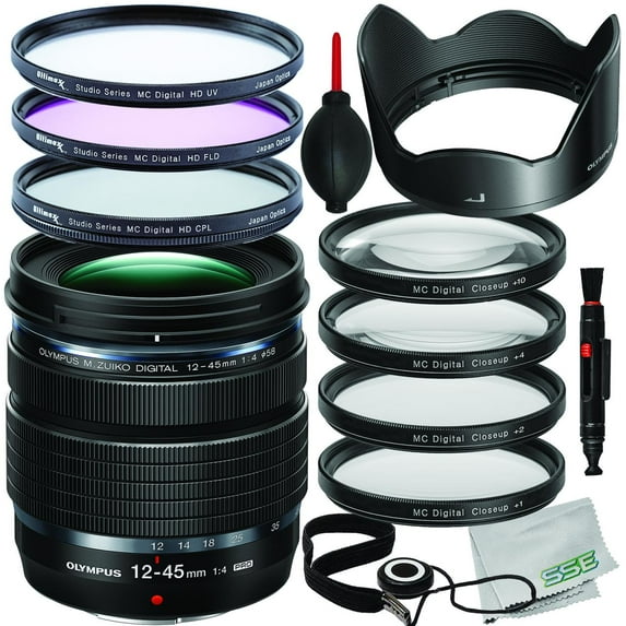 Ultimaxx Essential Bundle + Olympus M.Zuiko Digital ED 12-45mm f/4 PRO Lens + 4PC Macro Close-Up Filter Kit, 3PC Multi-Coated UV Filter Kit (UV, CPL, FLD) & More (16pc Bundle)