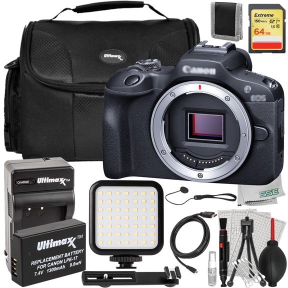 Ultimaxx Essential Canon EOS R100 Mirrorless Camera Bundle (Body Only) - Includes: 64GB Extreme Memory Card, 1x Replacement Battery & More (21pc Bundle)