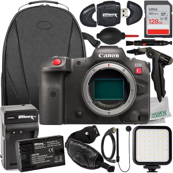 Ultimaxx Essential Canon R5 C Mirrorless Cinema Camera International Model (Body Only) - Includes: 128GB Ultra Memory Card, Replacement Battery, LED Light Kit w/ Bracket & More (20pc Bundle)