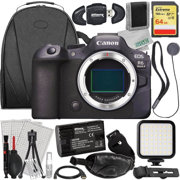 Ultimaxx Essential Canon R6 II (Body Only) Camera International Model - Includes: 64GB Extreme Memory Card, Spare Battery, Ultra-Bright LED Light Kit w/ Bracket & More (22pc Bundle)