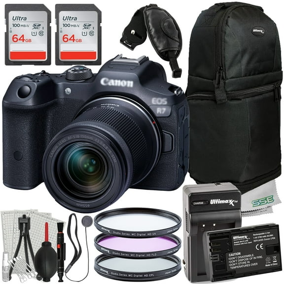 Ultimaxx Essential Canon R7 Camera with 18-150mm Lens Bundle - Includes: 2x 64GB Ultra Memory Cards, 3PC Protective Filter Kit, Spare Battery & More (27pc Bundle)
