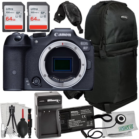 Ultimaxx Essential Canon R7 Mirrorless Camera International Model Bundle (Body Only) - Includes: 2x 64GB Ultra Memory Cards, Replacement Battery w/ Travel Charger & More (21pc Bundle)