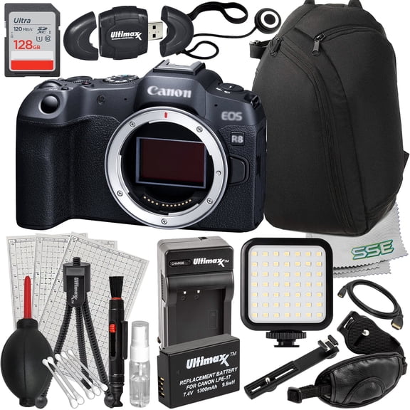 Ultimaxx Essential Canon R8 Mirrorless Camera (International Model) Bundle (Body Only) - Includes: 128GB Ultra Memory Card, Replacement Battery & More (22pc Bundle)