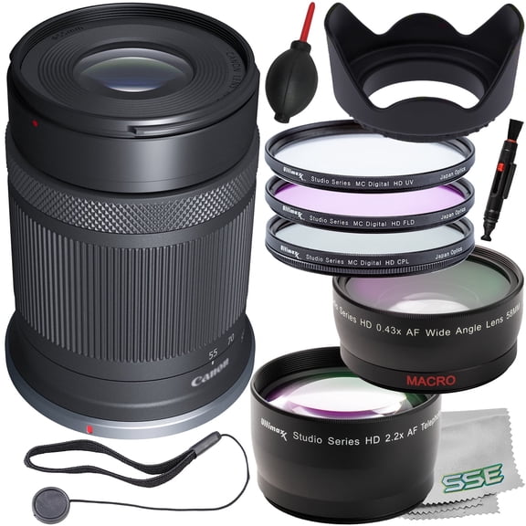 Ultimaxx Essential Canon RF-S 55-210mm f/5-7.1 IS STM Lens International Model - Includes: 0.43x Wide-Angle Lens Attachment with Detachable Macro, Lend Hood & More (13pc Bundle)